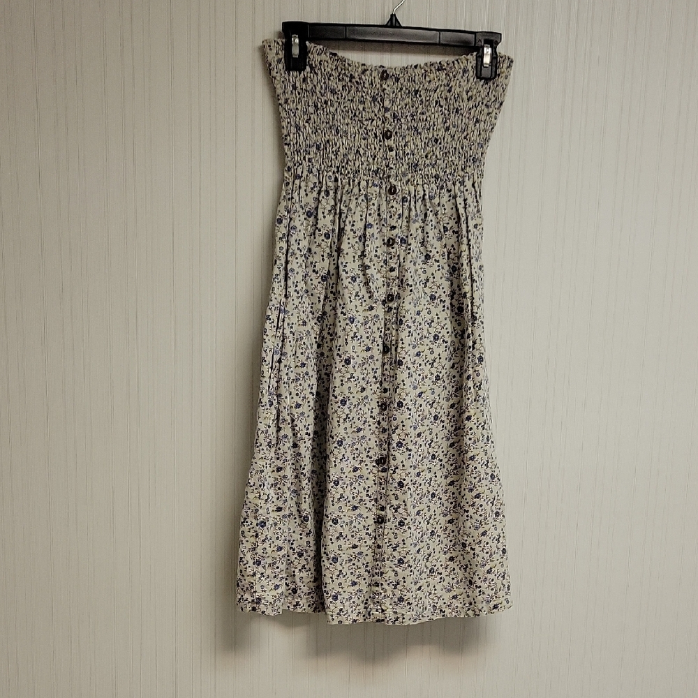 Mango Textured Beige & Blue Linen Strapless Sun Dress Sz 10.  Summer Vacation